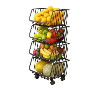 China Adjustable 4 Tier Metal Wire Locker Position Kitchen Storage Basket Organizer with Lockable Casters, Stackable Fruit Baskets for sale