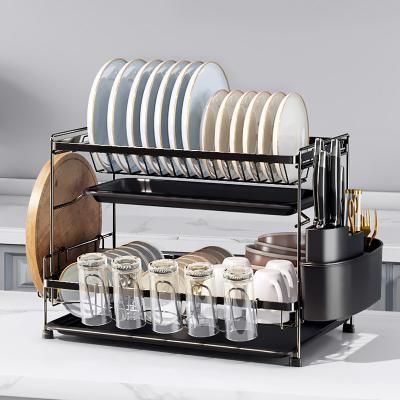 China Sustainable Dish Drying Rack Steel 2-Tier Dish Rack with Utensil Rack Cutting Board Rack and Dish Drainer for Kitchen for sale