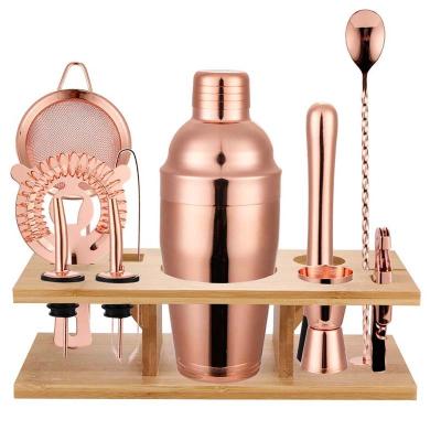 China 2020 New Viable Cocktail Shaker Set Rose Gold Color Bartender Kit 750ML With Stand Bar Wood Tool Kit for sale