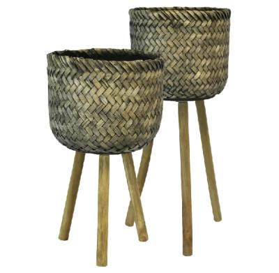 China Europe rattan flower plant pot and wooden stand for sale