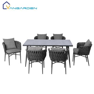 China Vangarden Waterproof Outdoor High Quality Aluminum Rope Furniture Restaurant Garden Table and Chair Set for sale