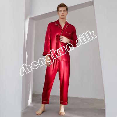 China Wholesale Customized QUICK DRY Pure Silk Pajama Shirt Set Two Piece Long Sleeve Red For Homewear Men And Women for sale