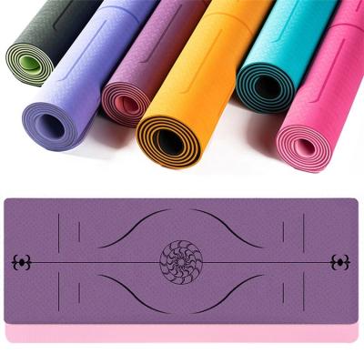 China Custom Wholesale Double Sided Logo 6mm Yoga Pilate Exercise Fitness Tape Yoga Mat With Stance Line for sale