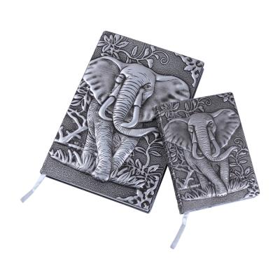 Cina A5 Hardcover Lined Antique Elephant 3D Embossed Handmade Travel Journal Hard Leather Notebook (Silver) in vendita