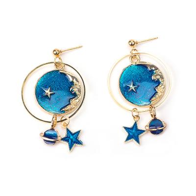 China Environmentally friendly asymmetry blue star and moon earrings pure soft geometric jewelry small and fresh drop earrings for sale