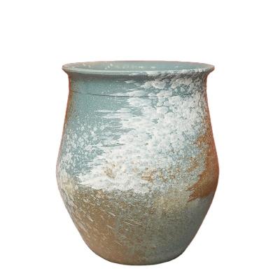 China High Quality Durable Creative Size 14.5*13cm Clay Pot Cylindrical Design Vase Blue Green Vase for sale