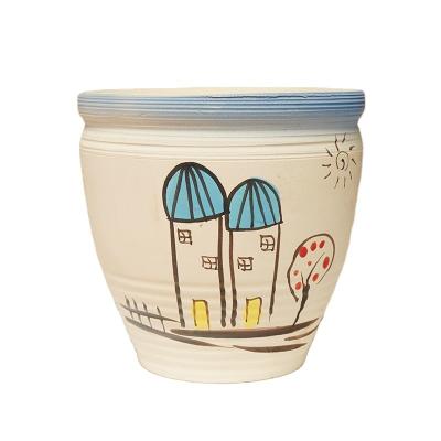 China Durable High Quality Creative Design Flower Pot With Cartoon Pattern Hand Painted Flower Pot 12cm Diameter 12cm High Cream Color for sale