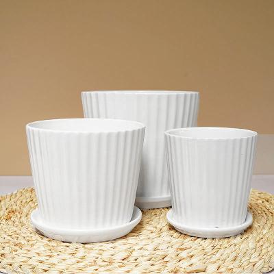 China Durable High Quality Creative Diameter 10.5 cm 11.5cm High Flower Design White Vertical Stripe Around Flower Pot for sale