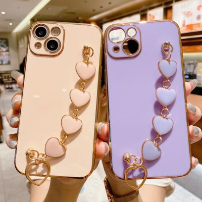 China Shockproof Electroplate Love Heart Phone Cover Strap Portable Chain Soft Phone Case for i max 13 pro phone case for sale