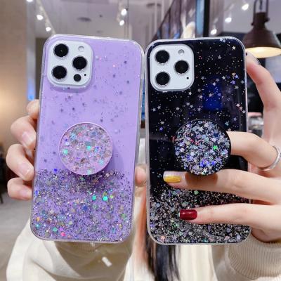 China Luxury bling shockproof clear gradient phone case shinny glow glitter phone cover with stand fun phone case for iphone 12 promax for sale