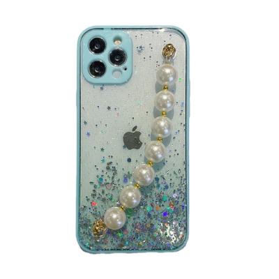 China Shockproof Phone 12 Cases Hand Chain Phone Accessory Cover Case With Pearl Chains For iPhone Luxury Phone Case for sale