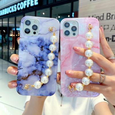 China Noble Pearl Accessories Silicone Grip Marble Shockproof Phone Case With Hand Chain For iPhone Samsung Huawei Full Styles for sale