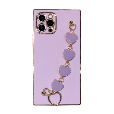 China Square Shockproof Thin Shell Pore Shape Love Edge Plating Phone Case With Pearl Chains For IPHONE 7/8/X/XR/XS/11/12/13 for sale