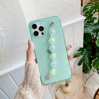 China Bling Girl Phone Shockproof Cover Cute Full Transparent Shell Chain Flower Pearl Chains Phone Case Classic Phone Pattern for sale