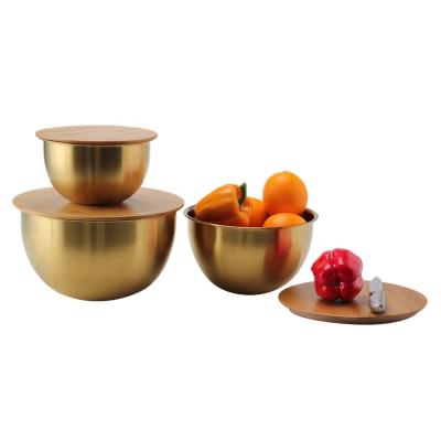 China Sustainable Premium Quality Stainless Steel Mixing Bowl Set With Bamboo Lid For Salad Or Cooking for sale