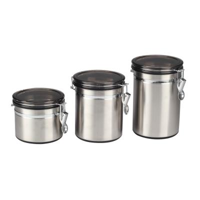 China Stainless Steel Transitional Round Canister Set With Black Clear Acrylic Lid And Locking Flange, 3-Piece Sets for sale