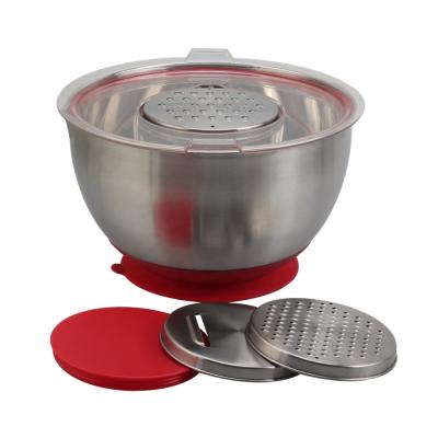 China Sustainable stainless steel mixing bowls with transparent lids, nesting bowls with graters, silicone suction bottom for sale