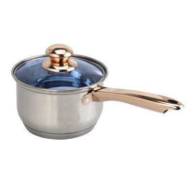 China Sustainable 2000ML Stainless Steel Milk Pot , Blue Glass Lid Long Handle Saucepan for sale