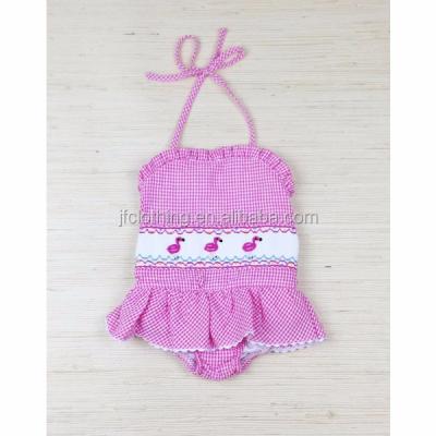 China (SM113#pink) 2-6Y Viable Flamingos Smocked Pink Gingham Cotton Seersucker Swimsuit For Kids Clothing for sale