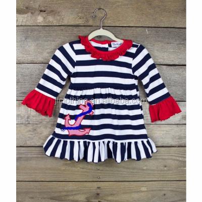 China (SM102#striped) 2-6Y Sustainable Anchor Knit Long Sleeve Navy And White Striped Dresses for sale