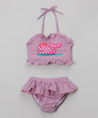 China Girl Summer Beach Wear Breathable Cotton Seersucker Checked Dolphin Bikini Set Ruffle Baby Swimsuit for sale