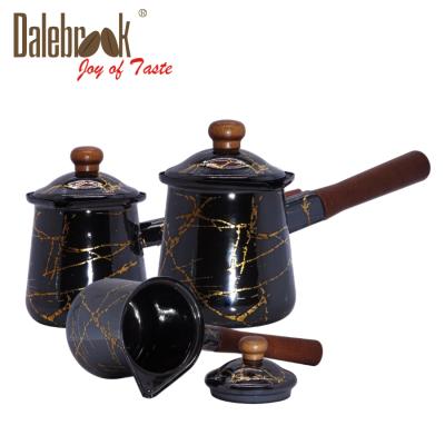 China Viable Classic Turkish Arabic Black Enamel Dalebrook Cezve Griotte Cherry Coffee Warmer Marble Pot With Wood Handle for sale