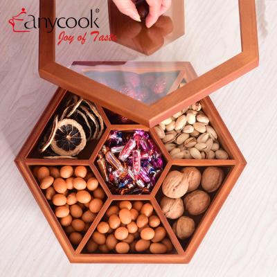 China Kitchen Cookies Candy Dried Fruit Box Tray With Lid Candy Snack Sectional Wooden Party Home Office Viable Storage Container for sale