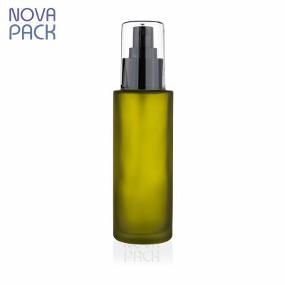 China 100ml Cosmetic Colored Olive Green Frosted Glass Cosmetic Toner Bottles Spray Bottle Oil Mist Spray Bottles With Black Sprayer for sale