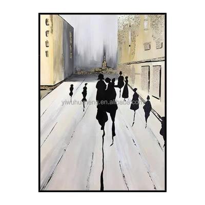 China Abstract Road With Walking People Large Sizes Abstract 100% Handmade Modern Pictures City Building Canvas Painting Wall Art for sale