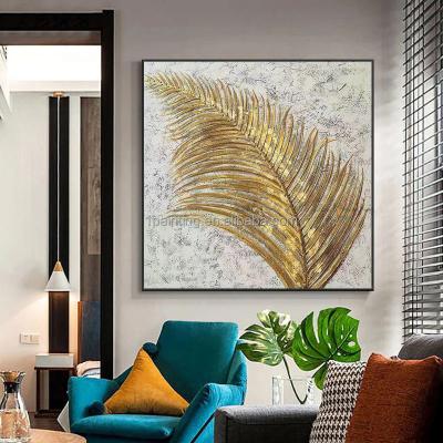 China 100% Handmade Home Decor Abstract Hotel Living Room Golden Leaves Wall Art Pictures Acrylic Gold Leaf Palm Leaf Paintings for sale