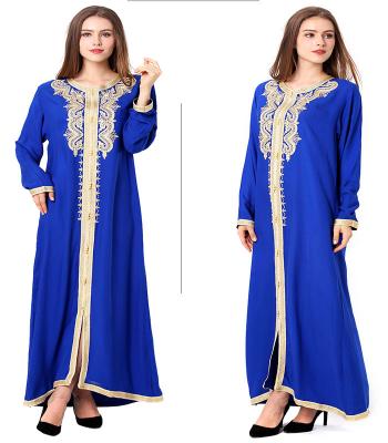 China Worship Ramadan Muslim Embroidered Lace Dress Middle Eastern Long Sleeve Kimono Round Neck A-Line Abaya Long Skirt for sale