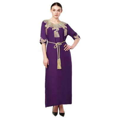 China Turkish Muslim Women's Abaya Kimono Online Abaya Short Sleeve Lace Up Long Robe Dubai Swing Embroidered Robe Large for sale