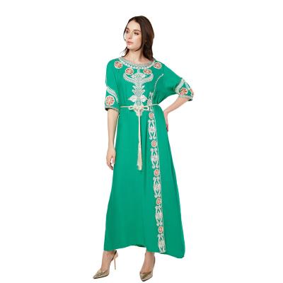 China Online Wholesale Kimono Abaya Abayas Round Neck Long Sleeve Lace Robe Muslim Embroidered Women Worship Dress Ramadan Dress for sale