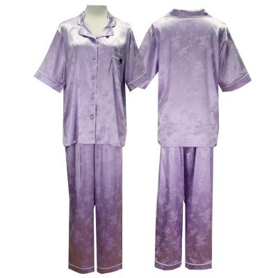 China OEM QUICK DRY Purple Colors Flower Printed Silk Pajamas For Women Stain Night Wear for sale