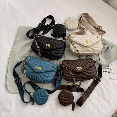 China Popular 2 Pcs High Quality 2021 Retro Solid Color Ladies Handbags Women Purses Set Chain Cross - Body Bag for sale