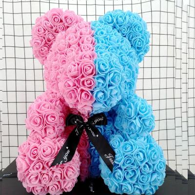 China Custom Rose Teddy Bear LOGO Ribbon Teddy Rose Bear 40cm Artificial Foam Roses Flowers With Rainbow Colors for sale