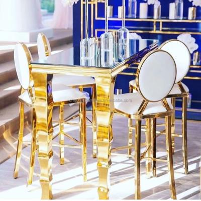 China Modern Stainless Steel Metal Gold Party Furniture Bar Table And Glass Top Stool Set for sale