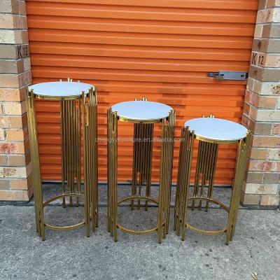 China Round Glass Top Stainless Steel Party Gold Metal Wedding Cake Table for sale