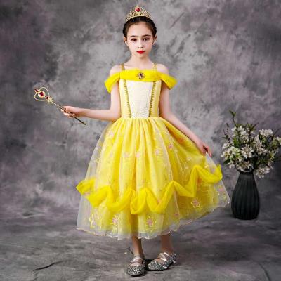 China Baige Girls Anti-Static Princess Belle Dress Up Cosplay Costume Children Shoulder Yellow Beauty Laid The Beast Dress for sale