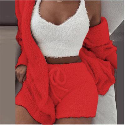 China QUICK DRY Coral Velvet Pajama Sets Spring Autumn Winter Women Pajamas Sets 3 Three Piece Sets Sleepwear Tops Shorts Coat for sale