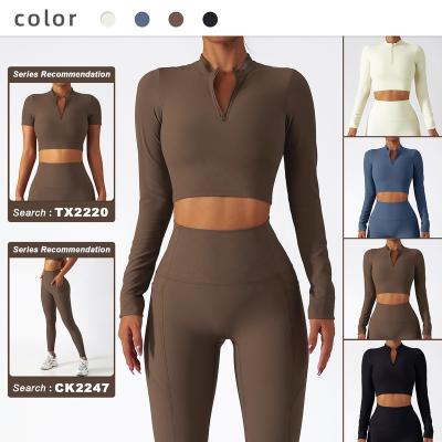 China Quick Dry Half Zipper Women's Longsleeve T-Shirts Breathable Workout Ribbed Sports Yoga Crop Slim Fit Tops for sale