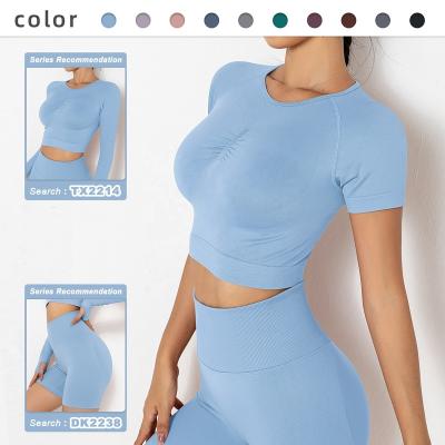 China Wholesale Breathable Yoga Short Seamless Crop Women Chest Sports Upper Slim Tight Ruched T-shirt for sale