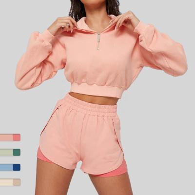 China Two Piece Sportswear Shorts Front Zipper Casual Sports Sweaters Anti-wrinkle Women's Fashion Sweatshirt for sale