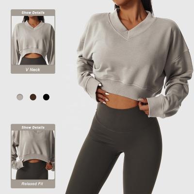 China Hot Sale Sexy Anti-Wrinkle V Neckline Longsleeve Sports Women Crop Top Fashion Loose Soft Sweatshirt for sale