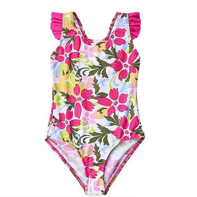 China Antibacterial Customized Cute Swimwear Young Girl Swimwear Ruffle Floral Print Bow One Piece Strap Kids Swimwear for sale