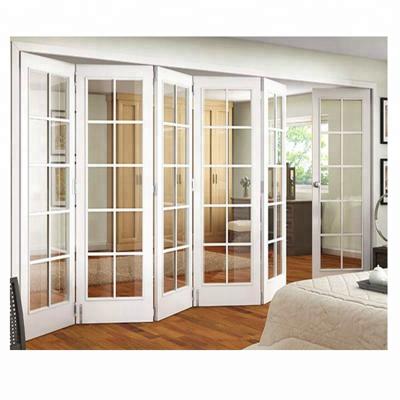 China Waterproof Wood Grain Partition Folding Door Aluminum Art Glass Folding Door With Grill For Front for sale