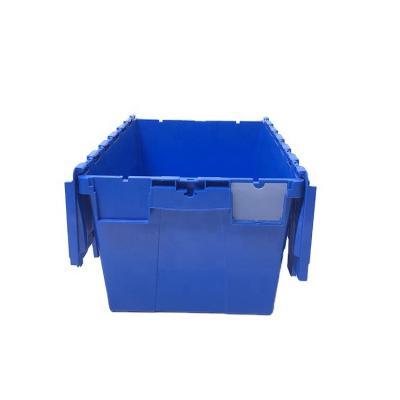 China plastic logistic storage tote crate for storage and moving, attached lid container box en venta