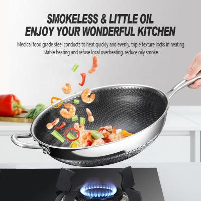 China 316 Stainless Steel Honeycomb Non-Stick Wok Pots Viable Non-stick Wok Pan With Handle With Tempered Glass Lid Steamers for sale