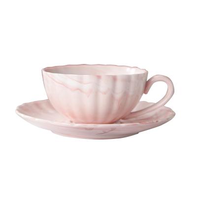 China Viable Solid Color Mark Coffee and Milk Striped Marble Ceramic Cup and Saucer Set for sale