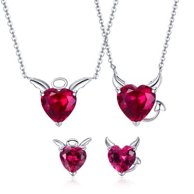 China Office/Career Silver Angel and Devil Fashion 45cmNecklace Earrings 2 Piece Set Sterling Silver Red Color Jewelry Set For Pandora Girlfriend for sale